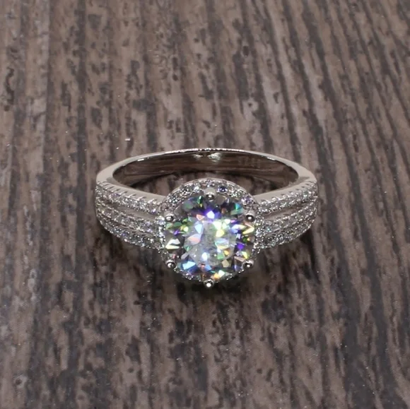 2 Carat Round Moissanite Platinum and Rhodium Plated 925 Silver Ring - Picture 6 of 14